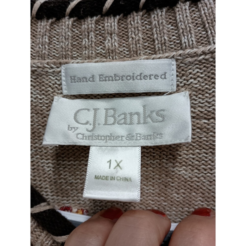 90s VTG CJ Banks Sweater Womens 1X Tan Rooster Hand Embroidered Farmcore Cotton - Picture 5 of 11